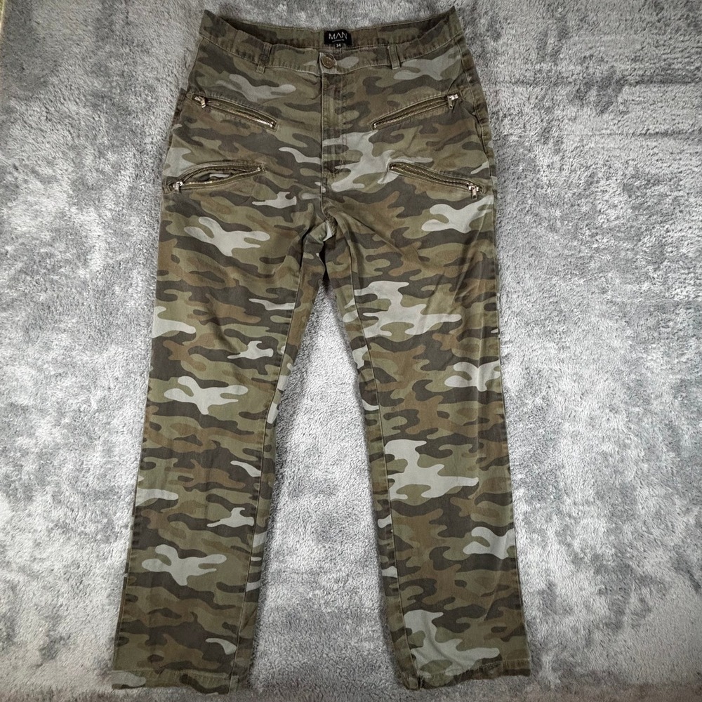 BoohooMAN Mens Camo Multi Zipper Utility Straight Leg Pants Green Size 34